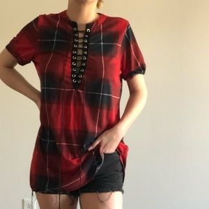 Plaid lace up tee shirt dress